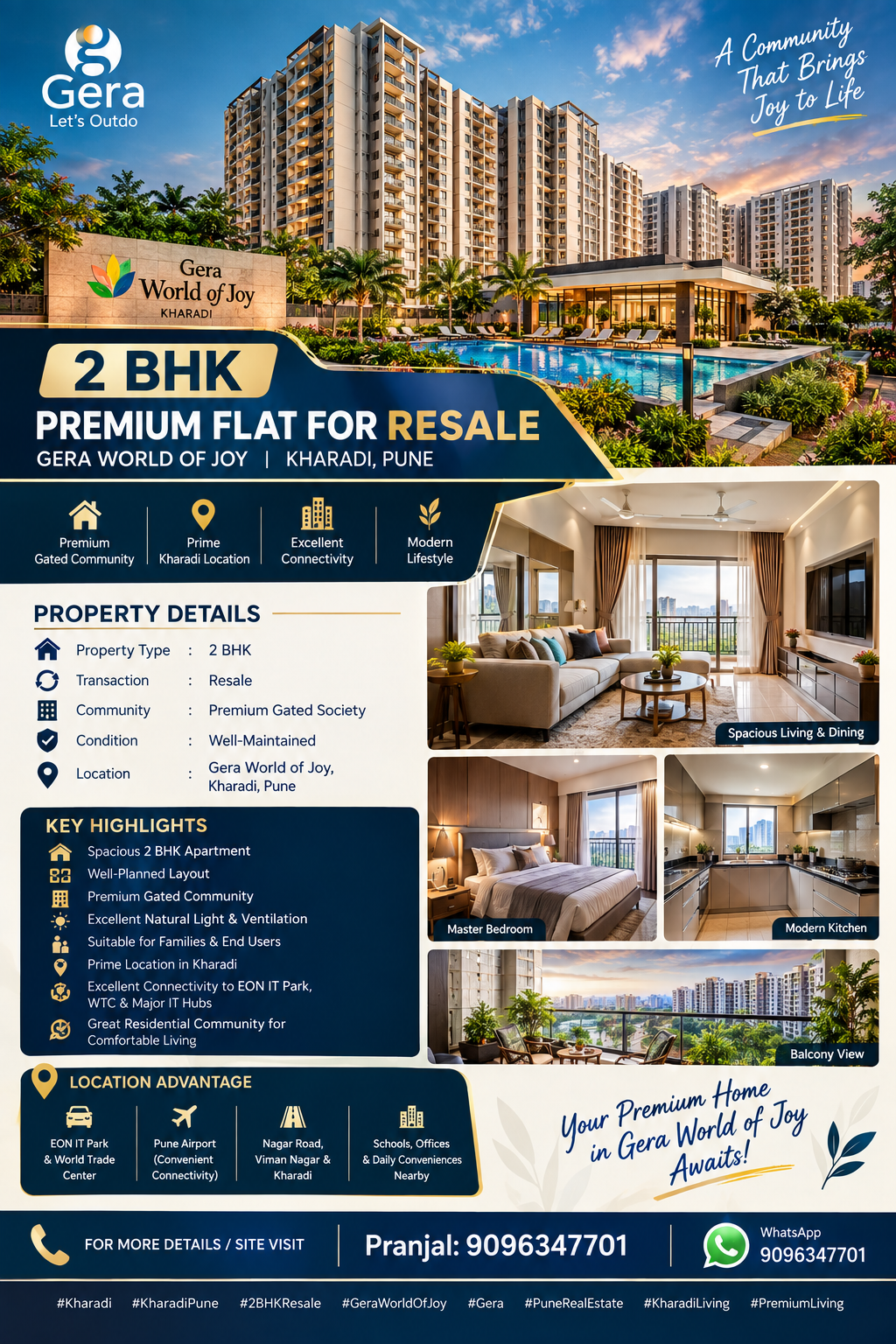 🏡 2 BHK PREMIUM FLAT FOR RESALE – KHARADI, PUNE 📍 Location: Gera World of Joy, Kharadi, Pune - Image 1