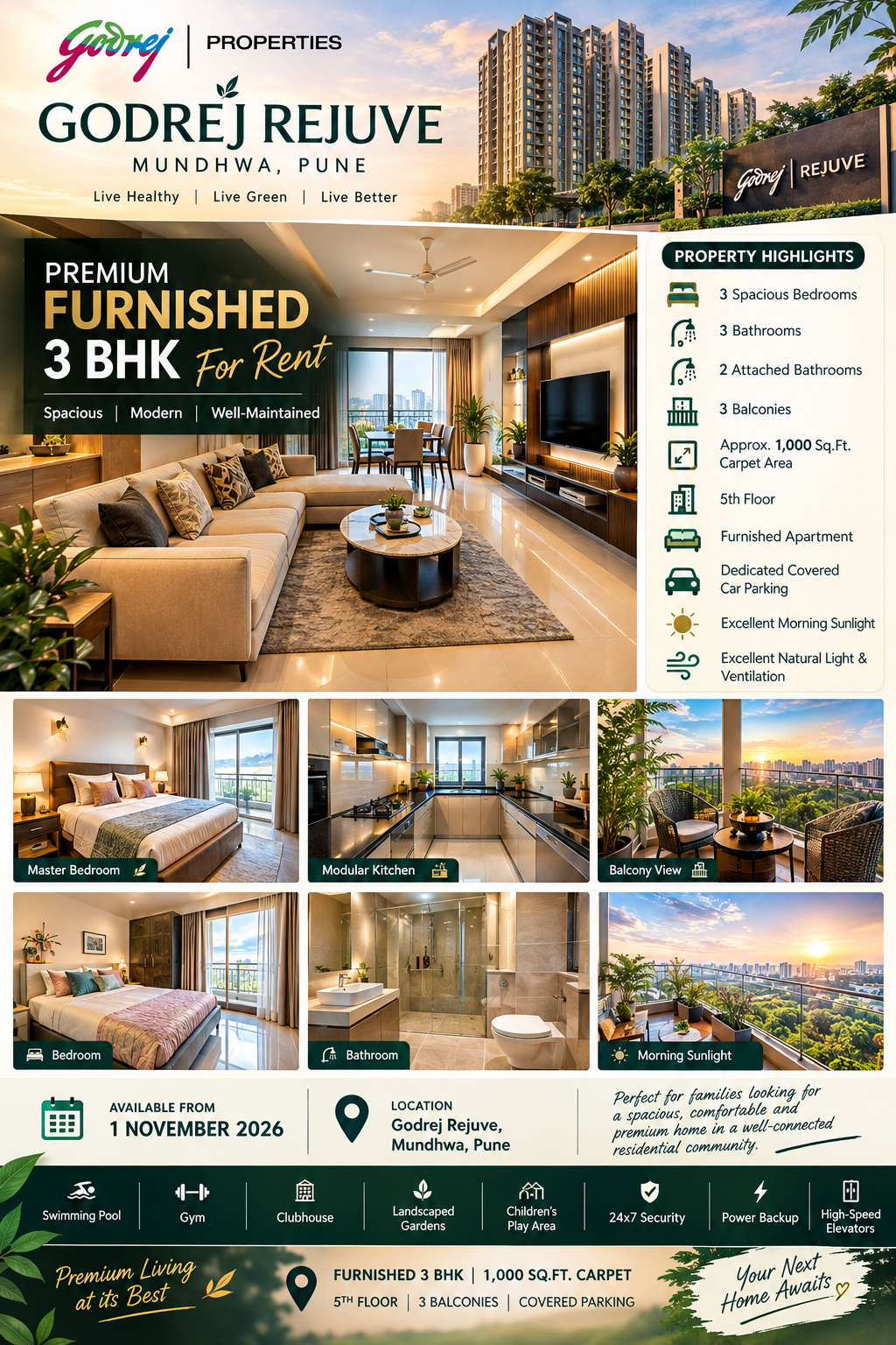 🏡✨ PREMIUM FURNISHED 3 BHK FOR RENT ✨🏡 📍 GODREJ REJUVE | MUNDHWA, PUNE - Image 1